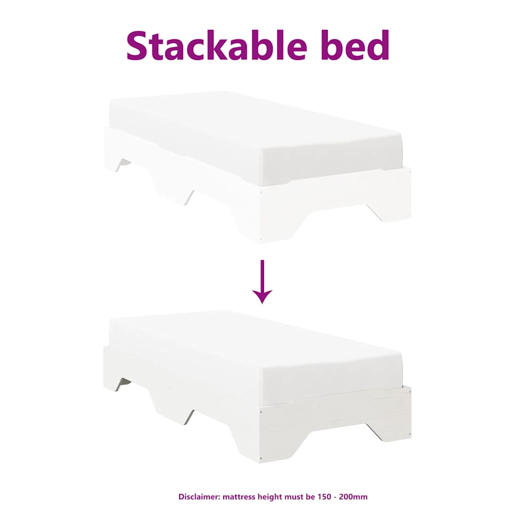 Bed Frame No Mattress Stackable White 75x190 cm Small Single Solid Wood